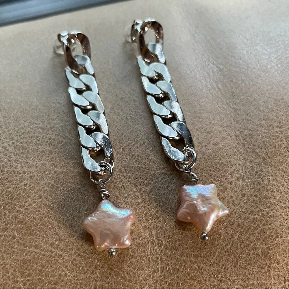 ⭐️ Star freshwater pearls curb chain post earrings silver pink Y2K boho festival - Picture 1 of 5